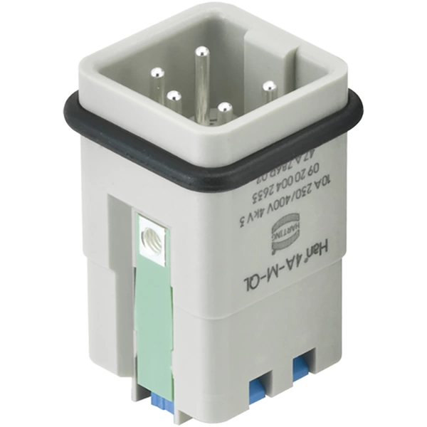 Ein grauer, rechteckiger elektrischer Stecker mit mehreren Metallstiften und einer schwarzen Dichtung, geeignet für industrielle Anwendungen.